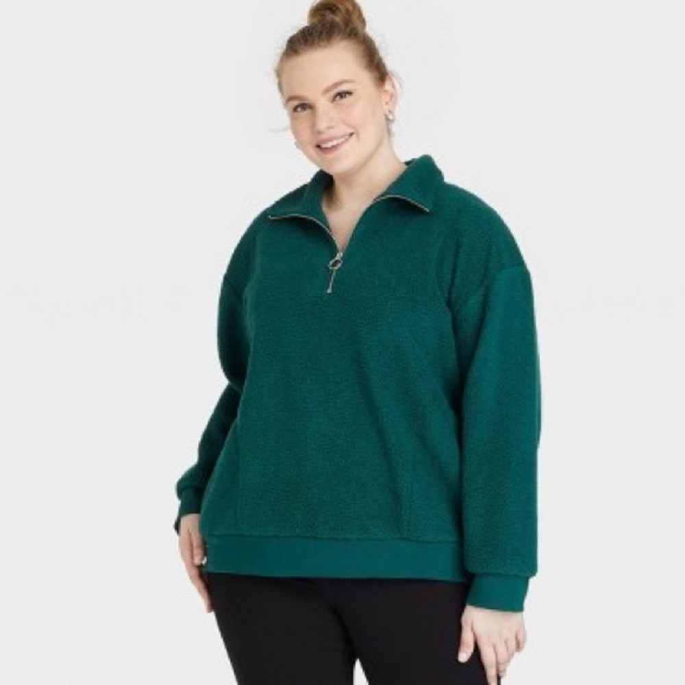Ava & Viv Green Sherpa O-Ring Quarter Zip Pullover Sweatshirt 2X